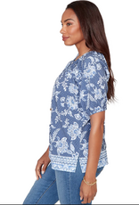 Ruby Road Ruby Road 76751 Navy Floral Petite Key Hole Neck w/Tassels Elastic S/S Top