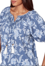 Ruby Road Ruby Road 76751 Navy Floral Petite Key Hole Neck w/Tassels Elastic S/S Top