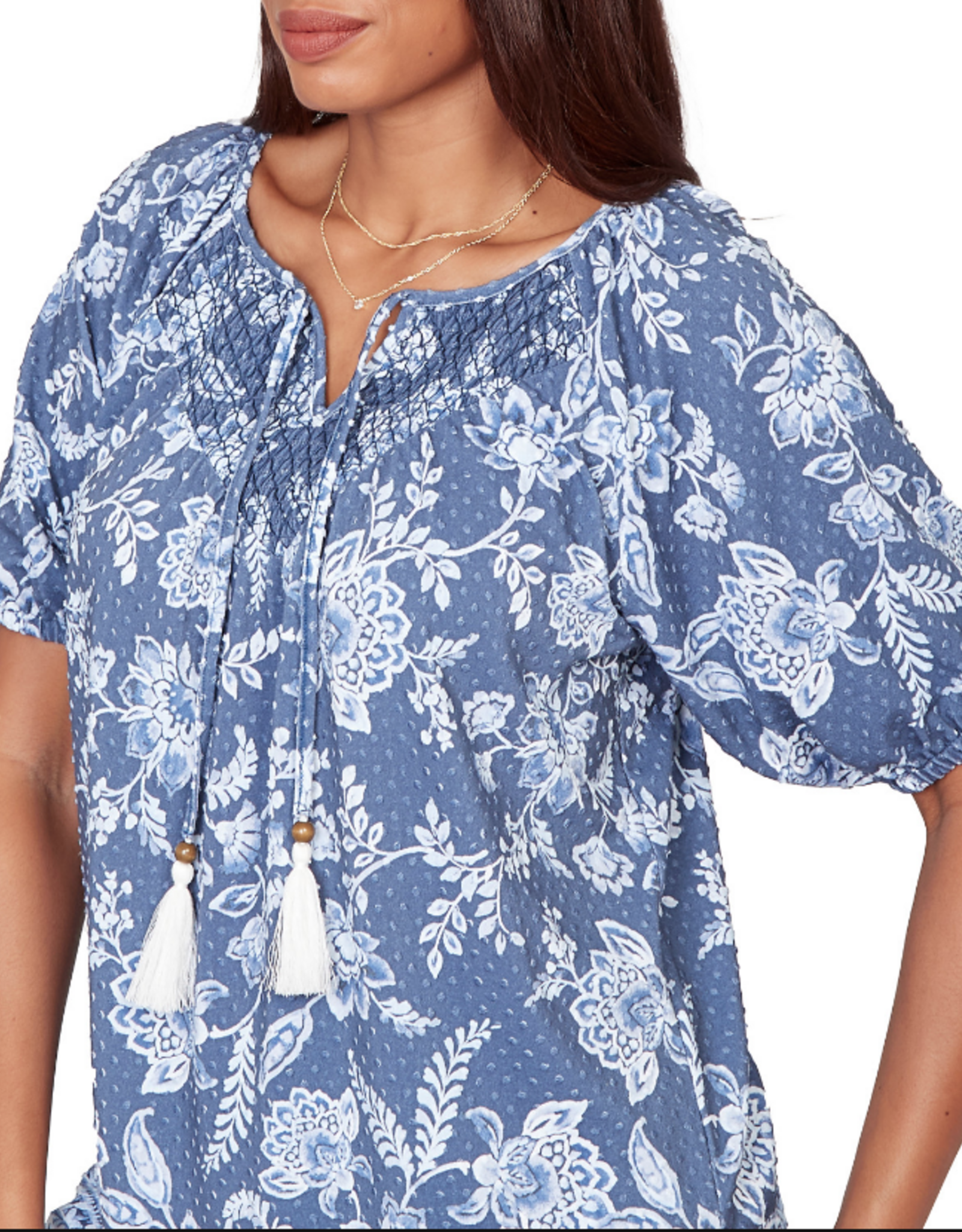 Ruby Road Ruby Road 76751 Navy Floral Petite Key Hole Neck w/Tassels Elastic S/S Top