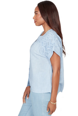 Ruby Road Ruby Road 76772 Blue Petite Button V-Neck S/S Top w/Paisley Embroidery