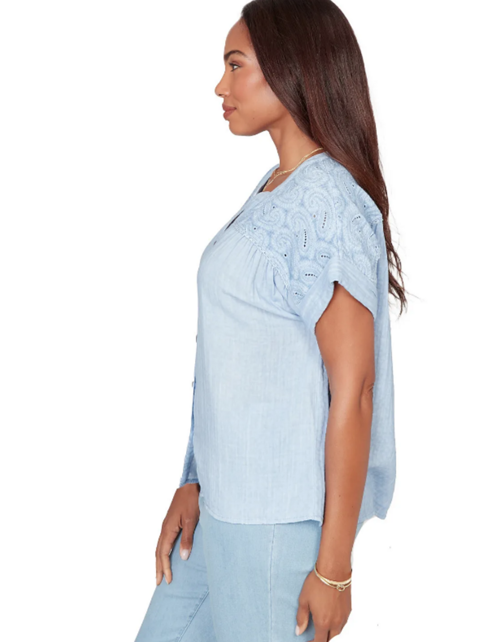 Ruby Road Ruby Road 76772 Blue Petite Button V-Neck S/S Top w/Paisley Embroidery
