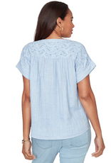 Ruby Road Ruby Road 76772 Blue Petite Button V-Neck S/S Top w/Paisley Embroidery