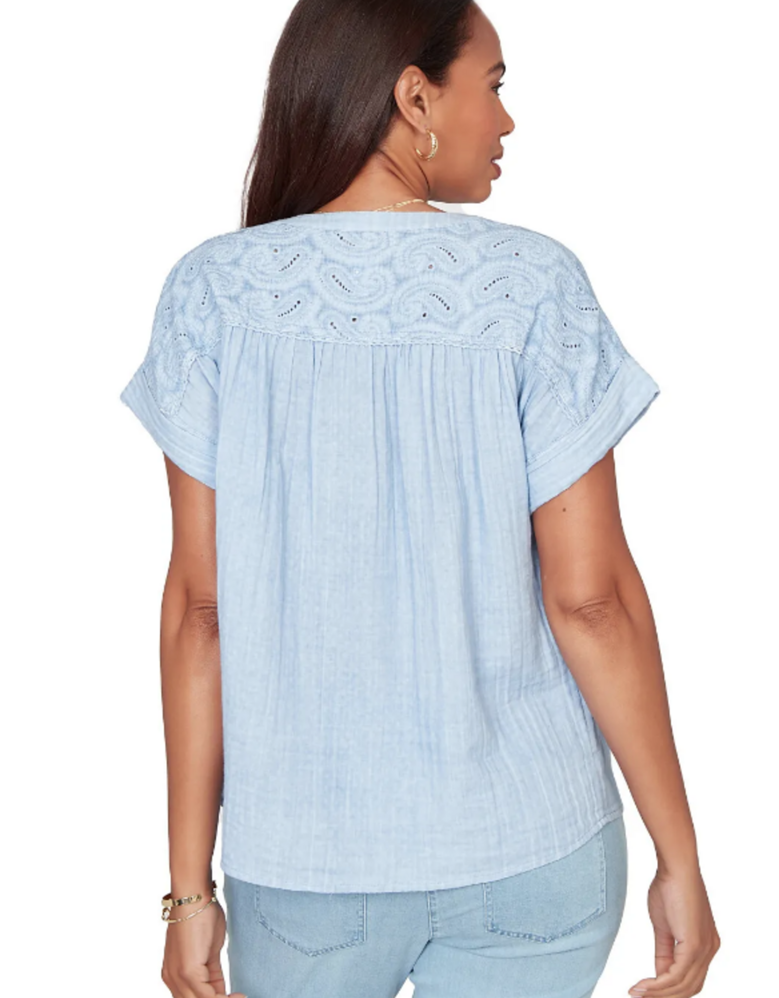 Ruby Road Ruby Road 76772 Blue Petite Button V-Neck S/S Top w/Paisley Embroidery
