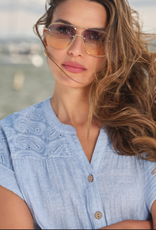 Ruby Road Ruby Road 76772 Blue Petite Button V-Neck S/S Top w/Paisley Embroidery