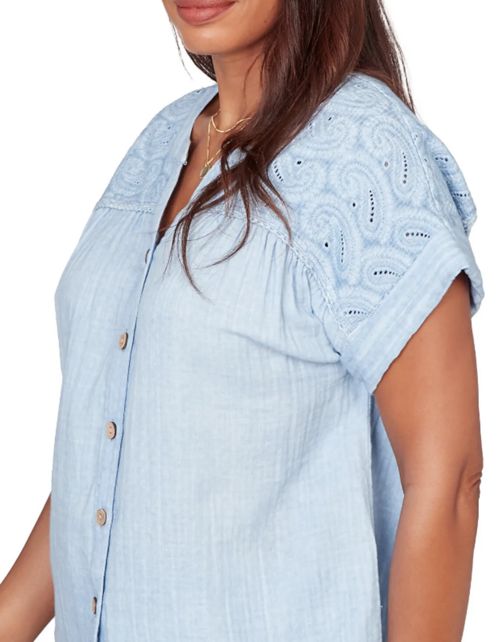 Ruby Road Ruby Road 76772 Blue Petite Button V-Neck S/S Top w/Paisley Embroidery