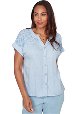 Ruby Road Ruby Road 76772 Blue Petite Button V-Neck S/S Top w/Paisley Embroidery