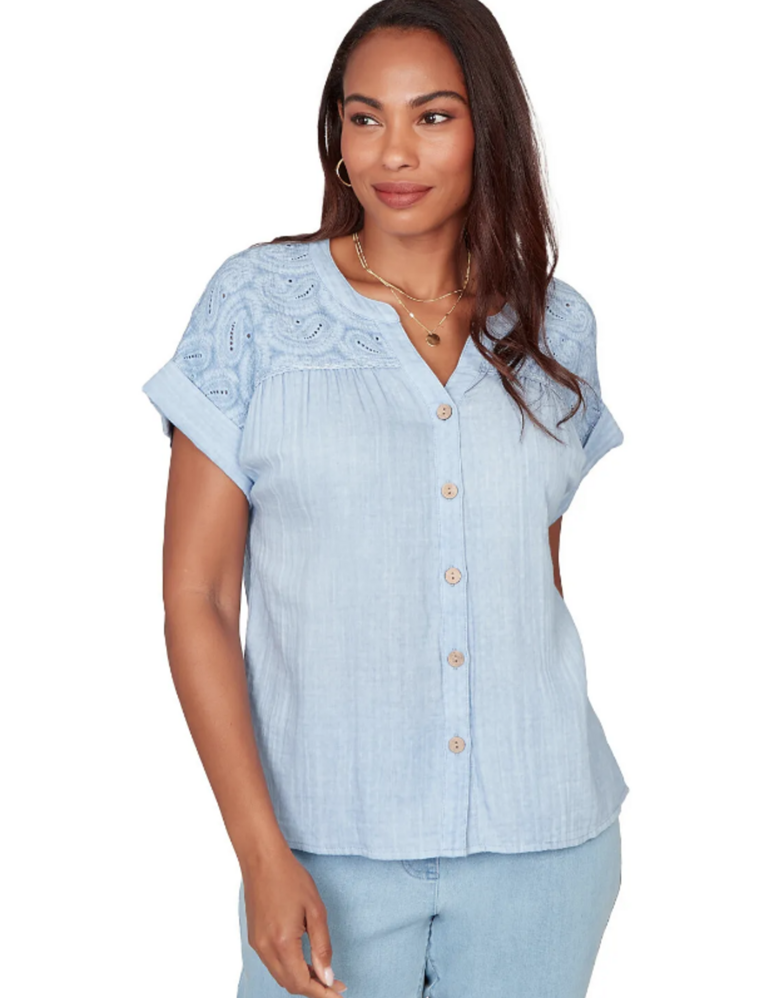 Ruby Road Ruby Road 76772 Blue Petite Button V-Neck S/S Top w/Paisley Embroidery