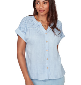 Ruby Road Ruby Road Blue Petite Button V-Neck S/S Top w/Paisley Embroidery