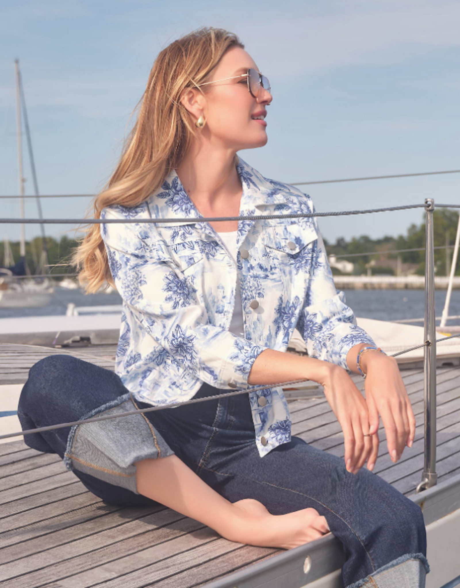 Ruby Road Ruby Road 76730 Porcelain Blue Petite Button-Up Toile Print Denim Jacket