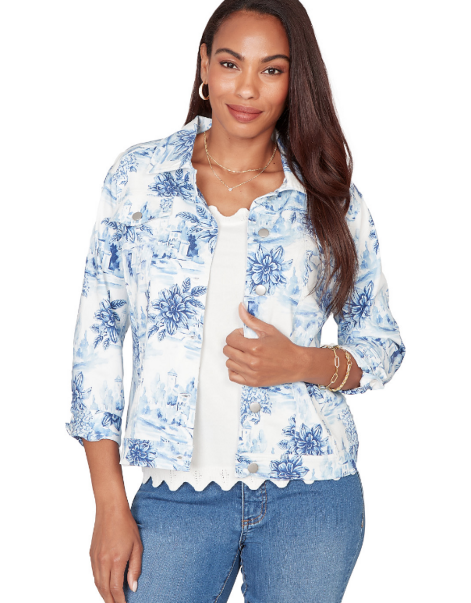 Ruby Road Ruby Road 76730 Porcelain Blue Petite Button-Up Toile Print Denim Jacket