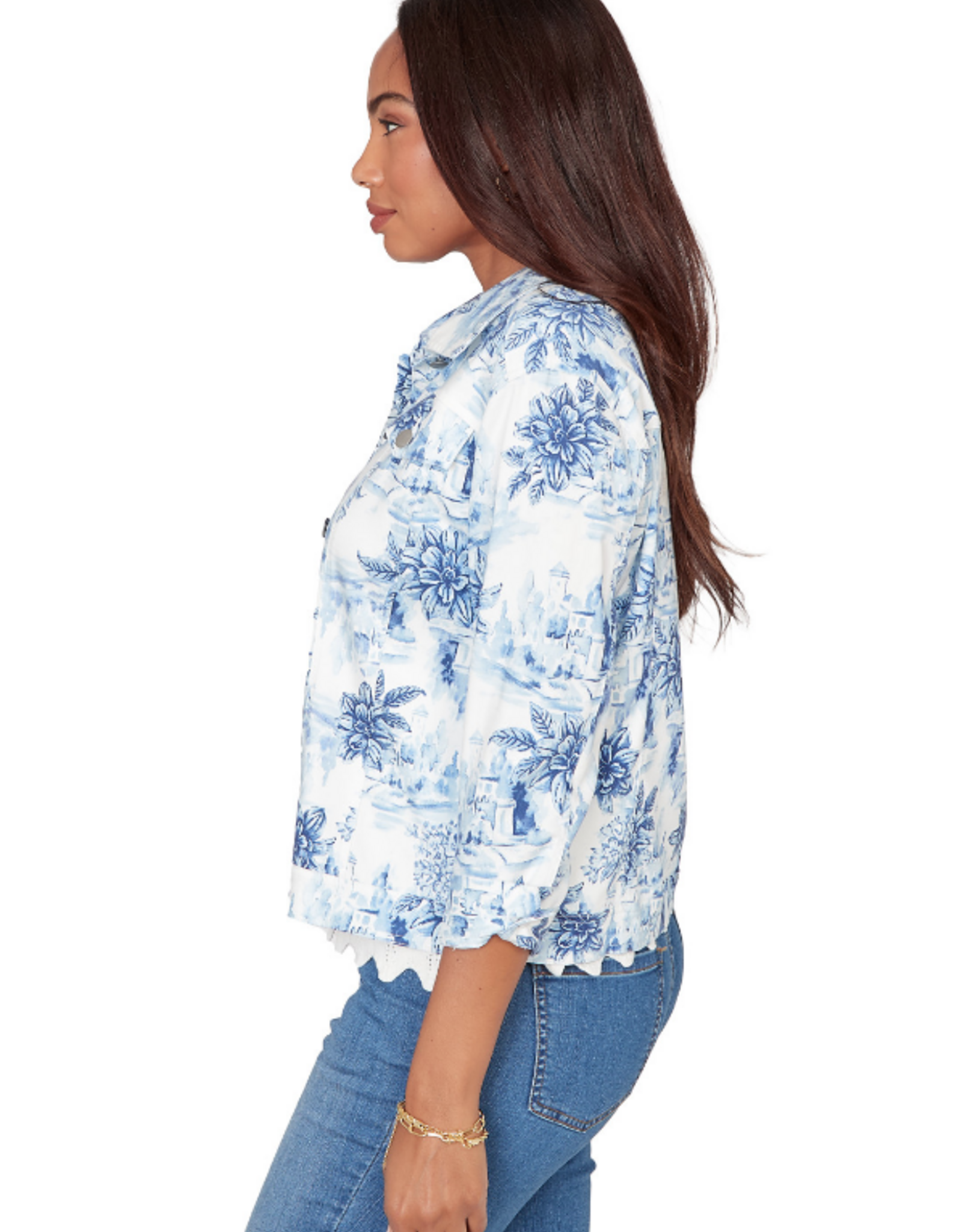 Ruby Road Ruby Road 76730 Porcelain Blue Petite Button-Up Toile Print Denim Jacket