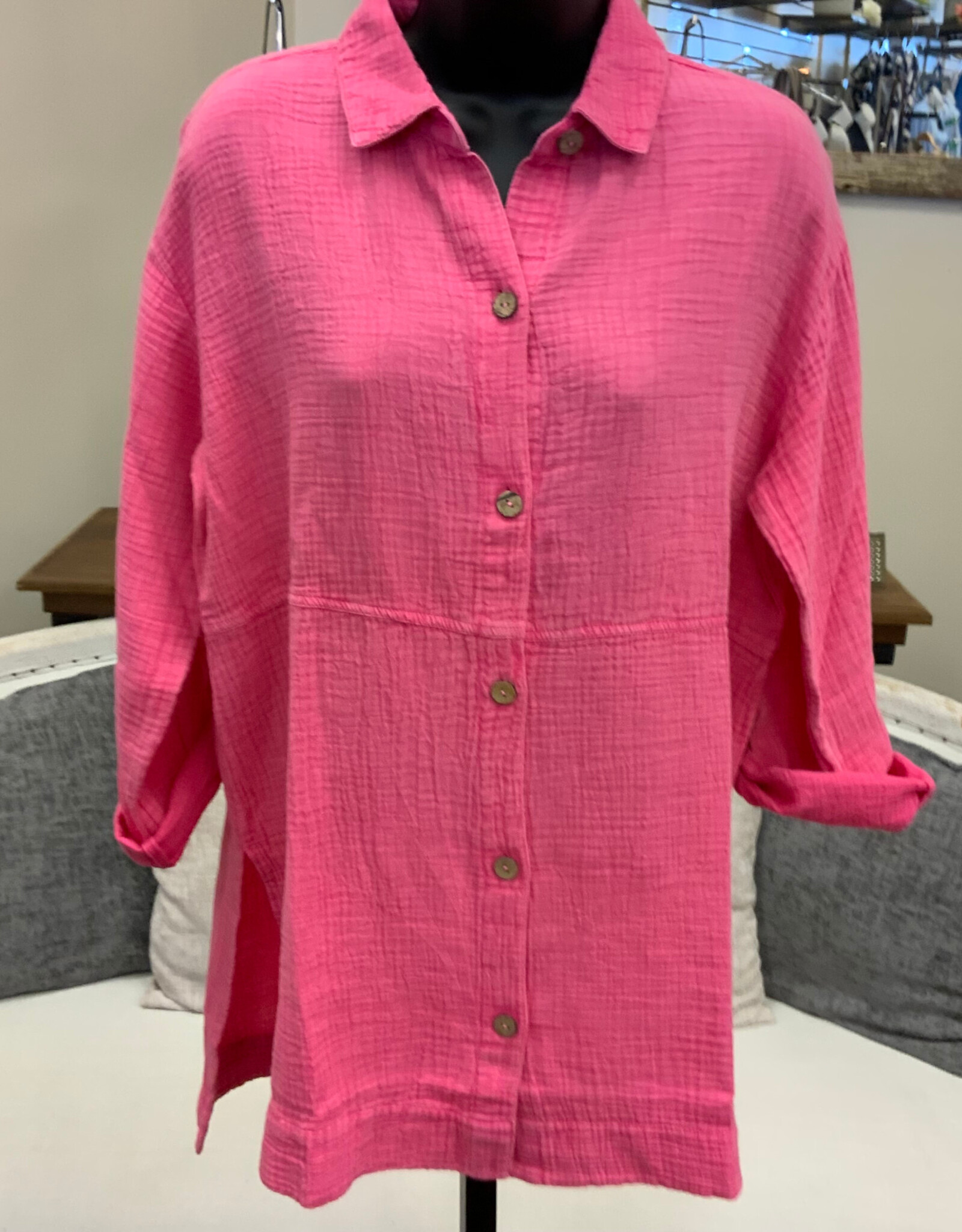 Escape Escape Cosmo Pink Beach Shirt  Button Up 3/4 Sleeve