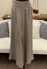 Saga Saga Taupe Linen Smocked Waist Wide Leg  Pull On Pant