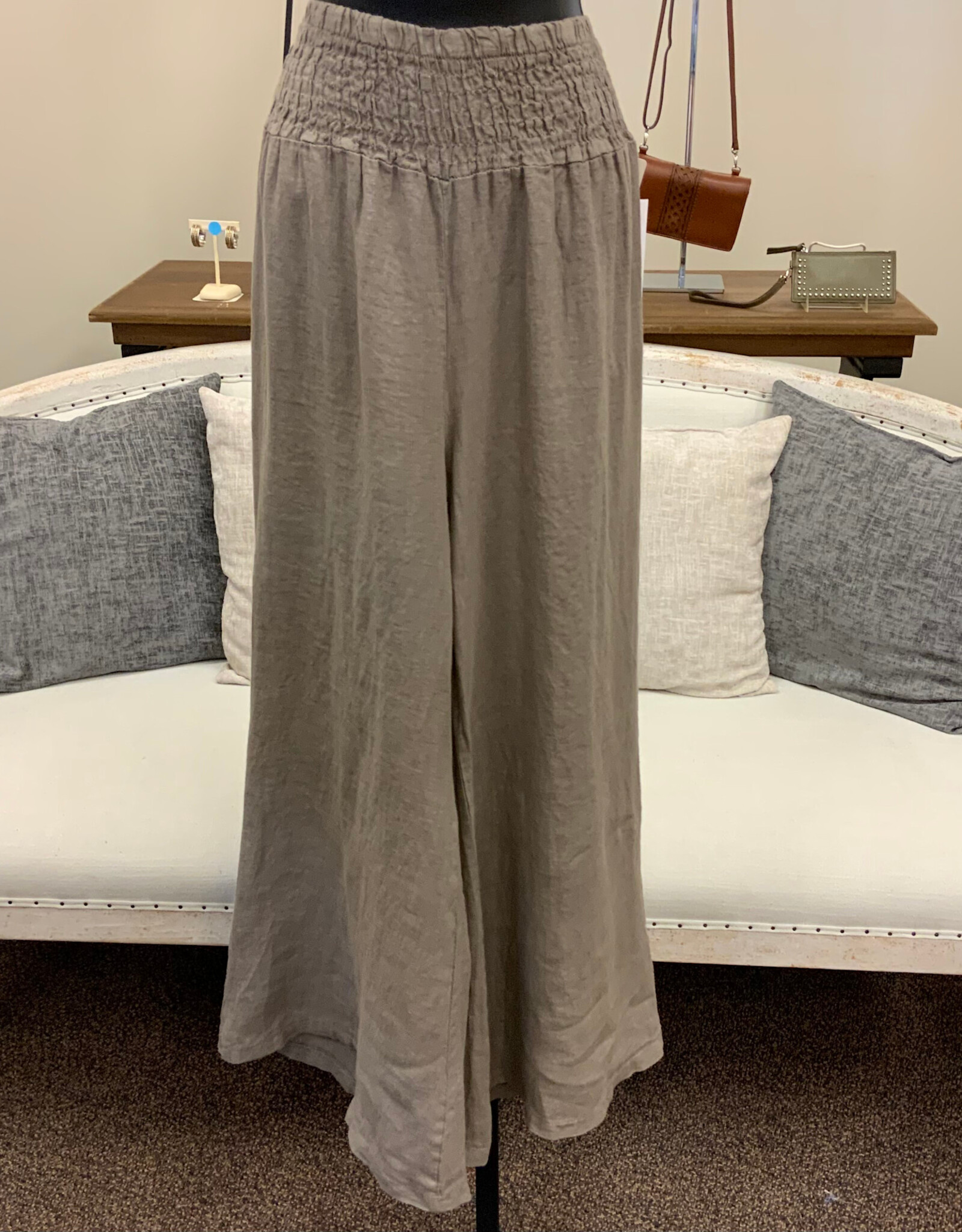 Saga Saga Taupe Linen Smocked Waist Wide Leg  Pull On Pant