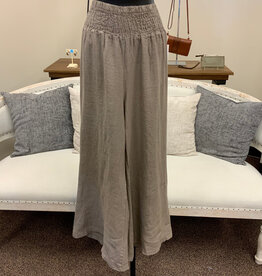 Saga Saga Taupe Linen Smocked Waist Wide Leg  Pull On Pant
