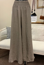 Saga Saga Taupe Linen Smocked Waist Wide Leg  Pull On Pant