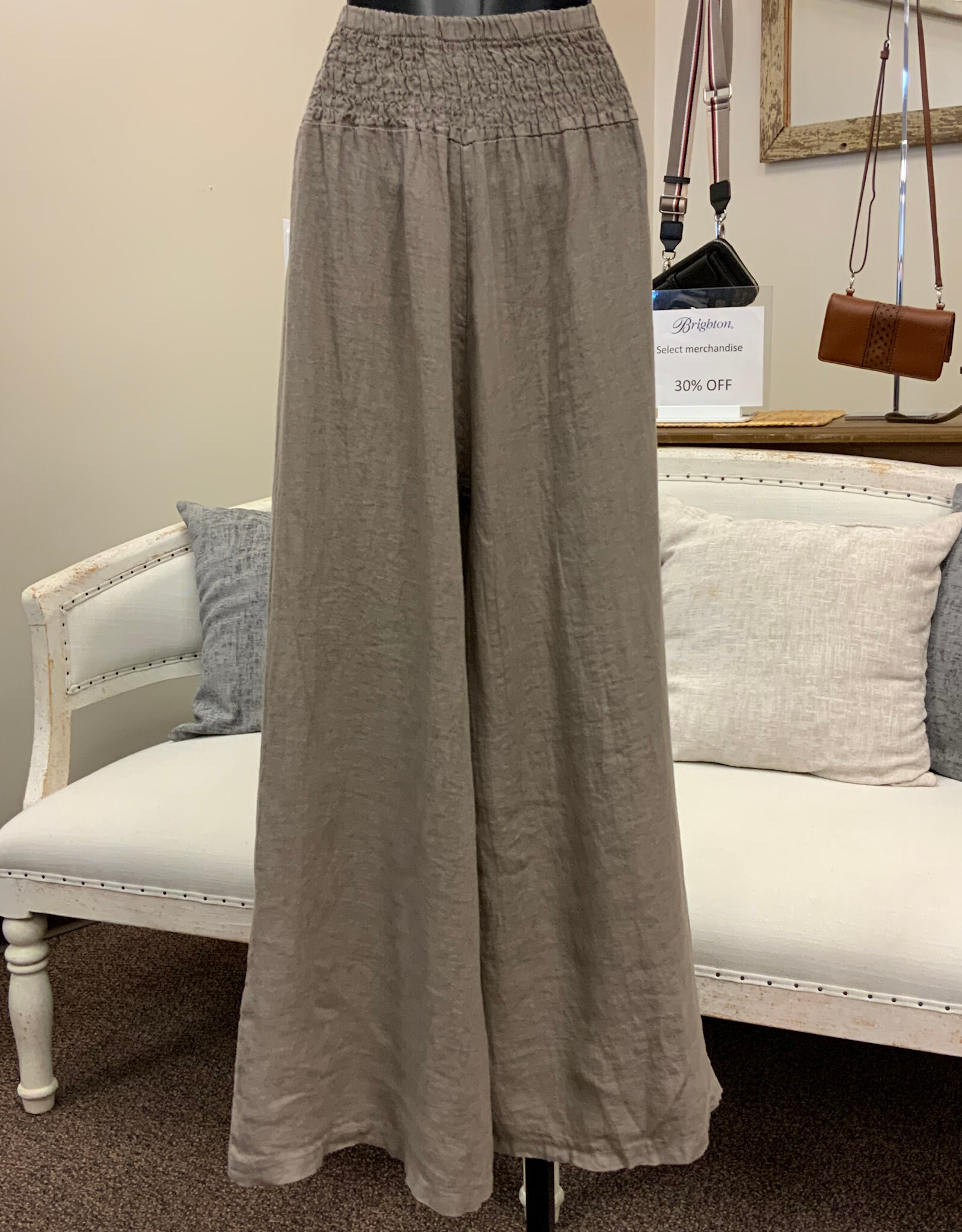 Saga Saga Taupe Linen Smocked Waist Wide Leg  Pull On Pant