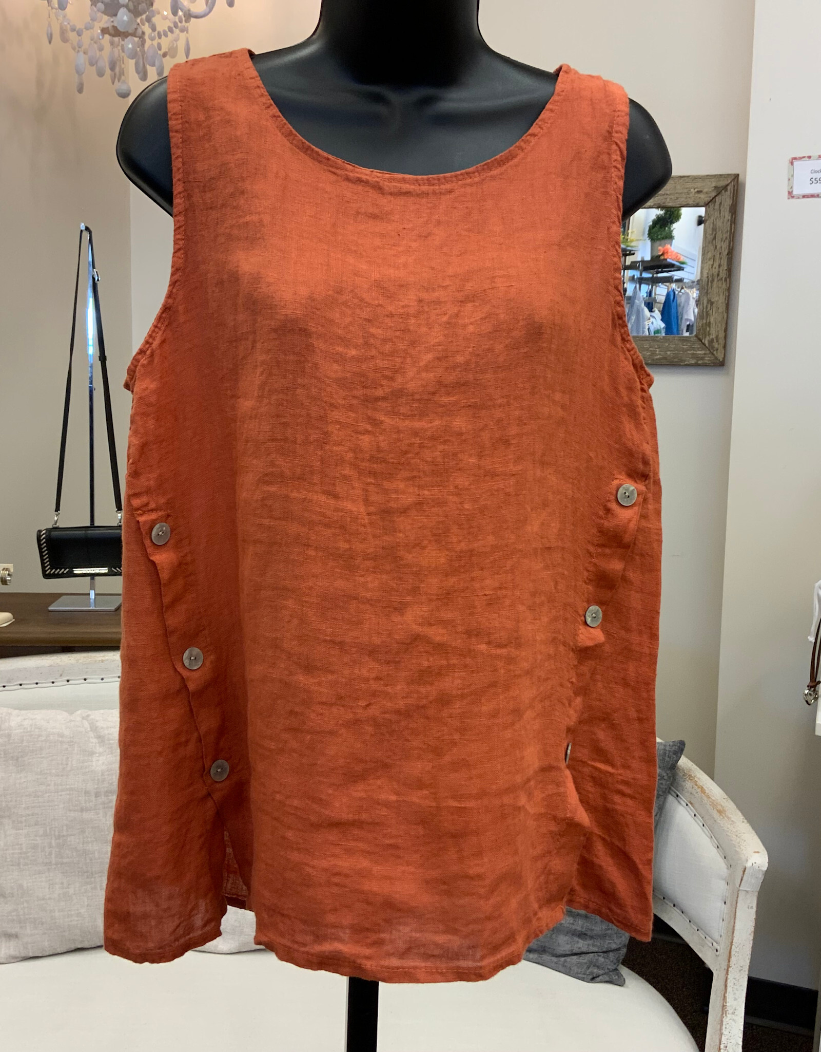 Saga SagaTerracotta Linen  Button Detail Sleeveless  Top