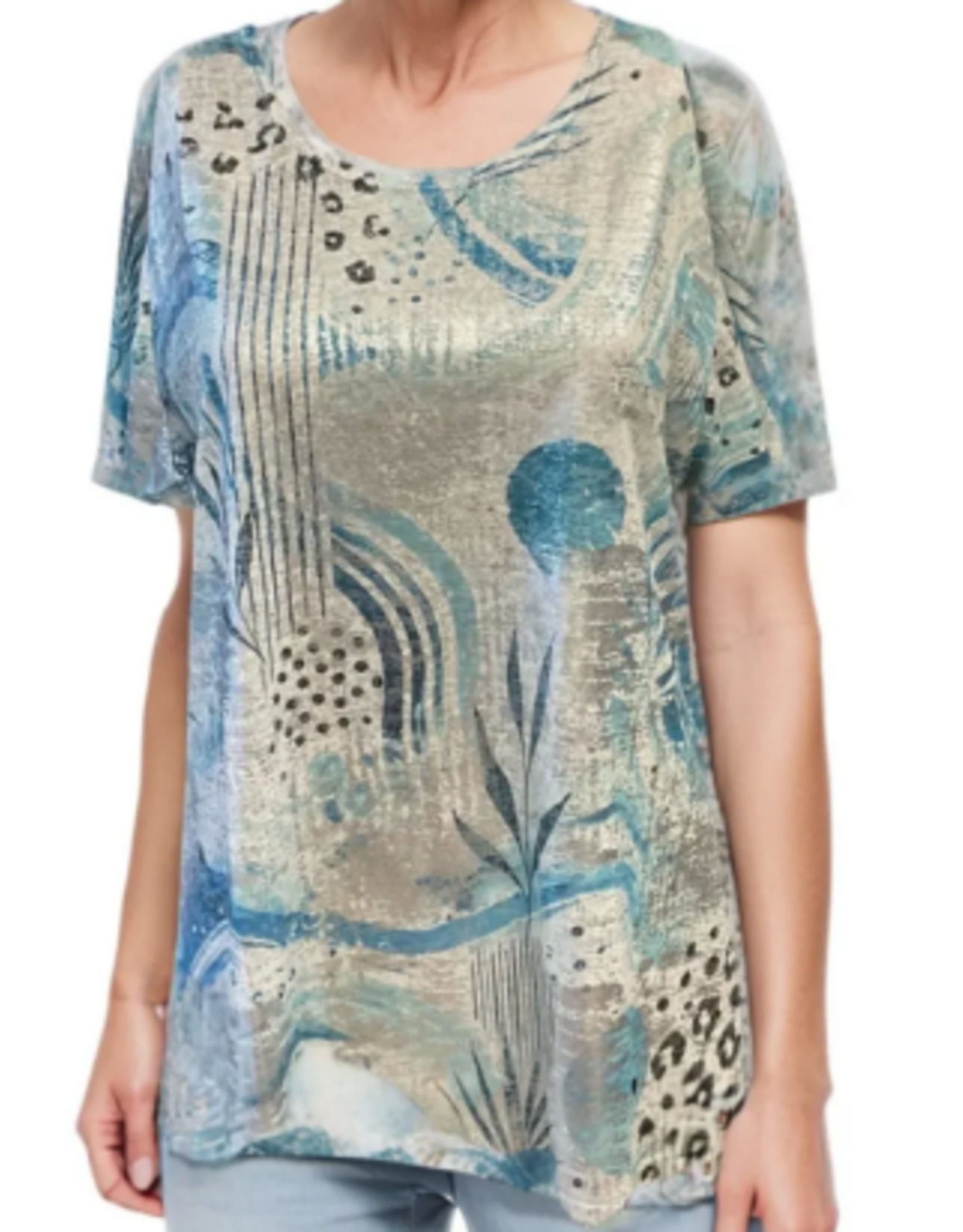 Creation Creation MTP-1 Teal Blue Foil Print  Short SleeveTop