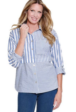 Multiples Multiples Blue/White  Stripe  Button Up 3/4 Sleeve Top
