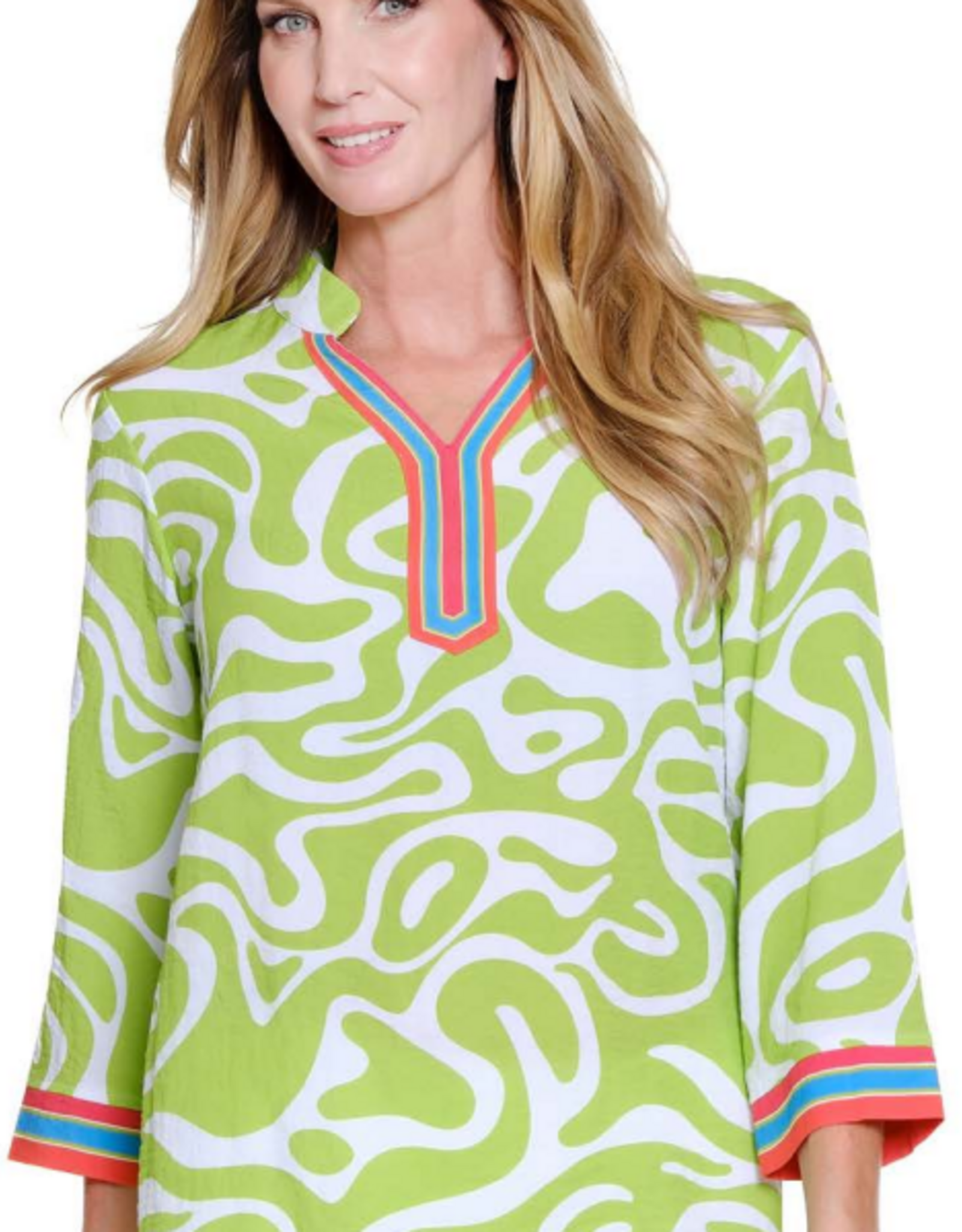 Multiples Multiples  Multi Color Print  Notch Neck 3/4 Sleeve Top