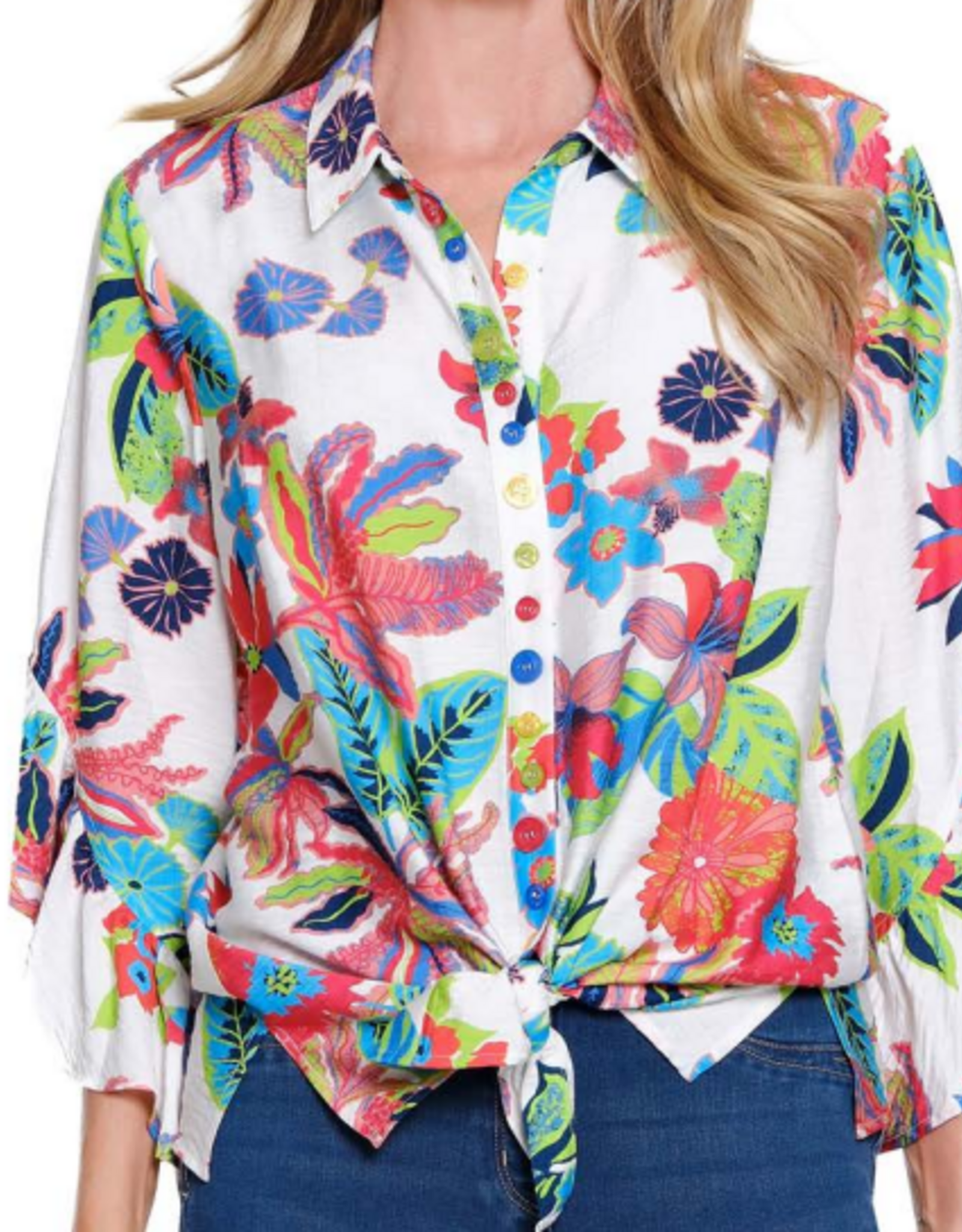 Multiples Multiples Multi Color Print  Button Up  3/4 Sleeve Top