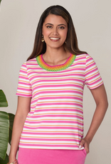 Ruby Road Ruby Road  Fushia Stripe Crochet Neck Short Sleeve Knit Top