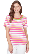 Ruby Road Ruby Road  Fushia Stripe Crochet Neck Short Sleeve Knit Top