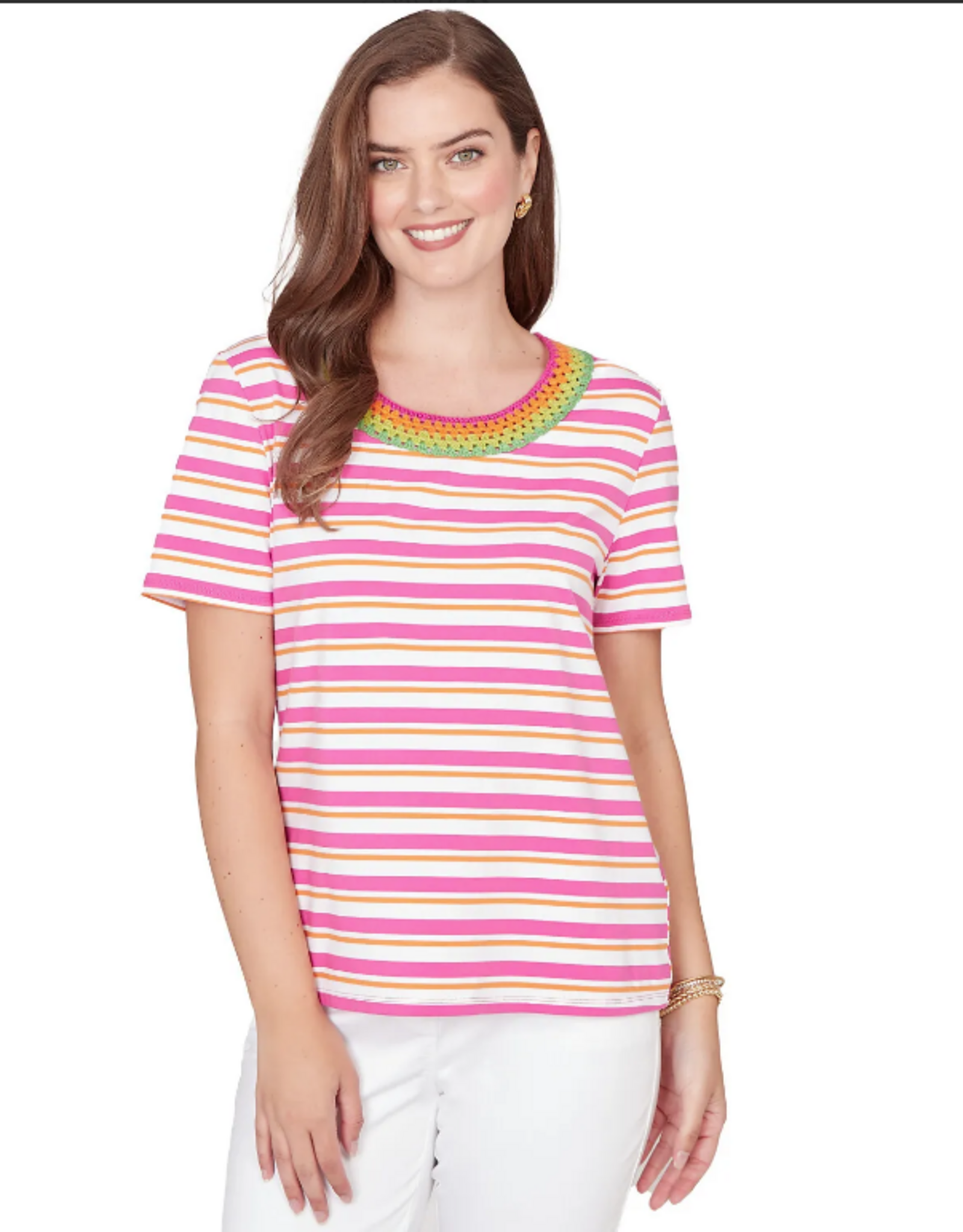 Ruby Road Ruby Road  Fushia Stripe Crochet Neck Short Sleeve Knit Top