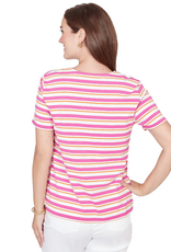 Ruby Road Ruby Road  Fushia Stripe Crochet Neck Short Sleeve Knit Top