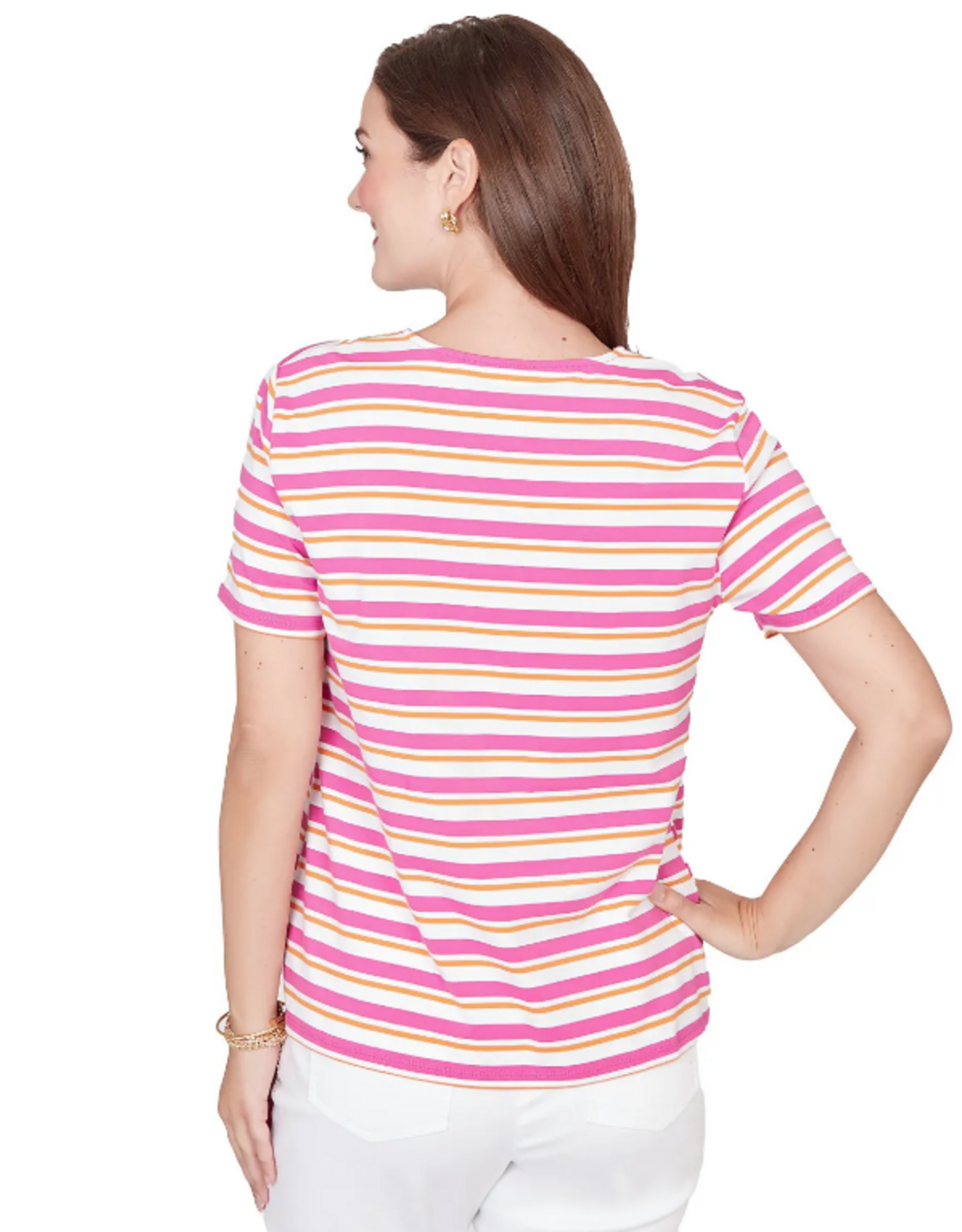 Ruby Road Ruby Road  Fushia Stripe Crochet Neck Short Sleeve Knit Top