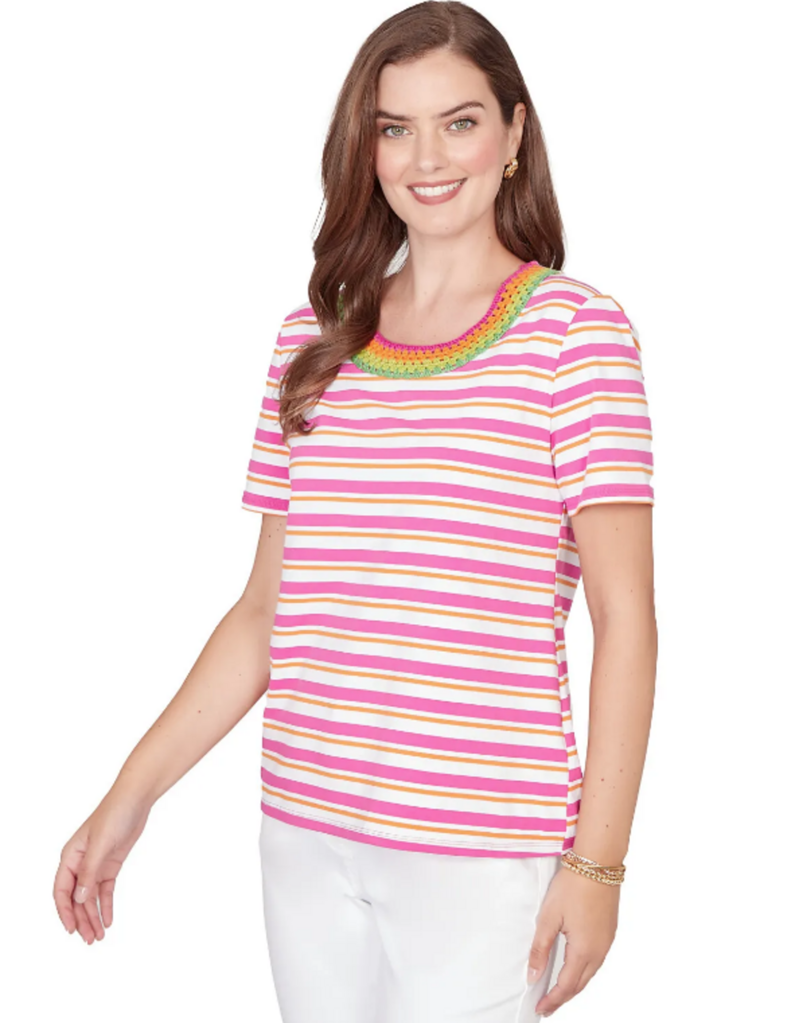 Ruby Road Ruby Road  Fushia Stripe Crochet Neck Short Sleeve Knit Top
