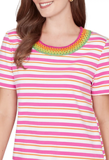 Ruby Road Ruby Road  Fushia Stripe Crochet Neck Short Sleeve Knit Top