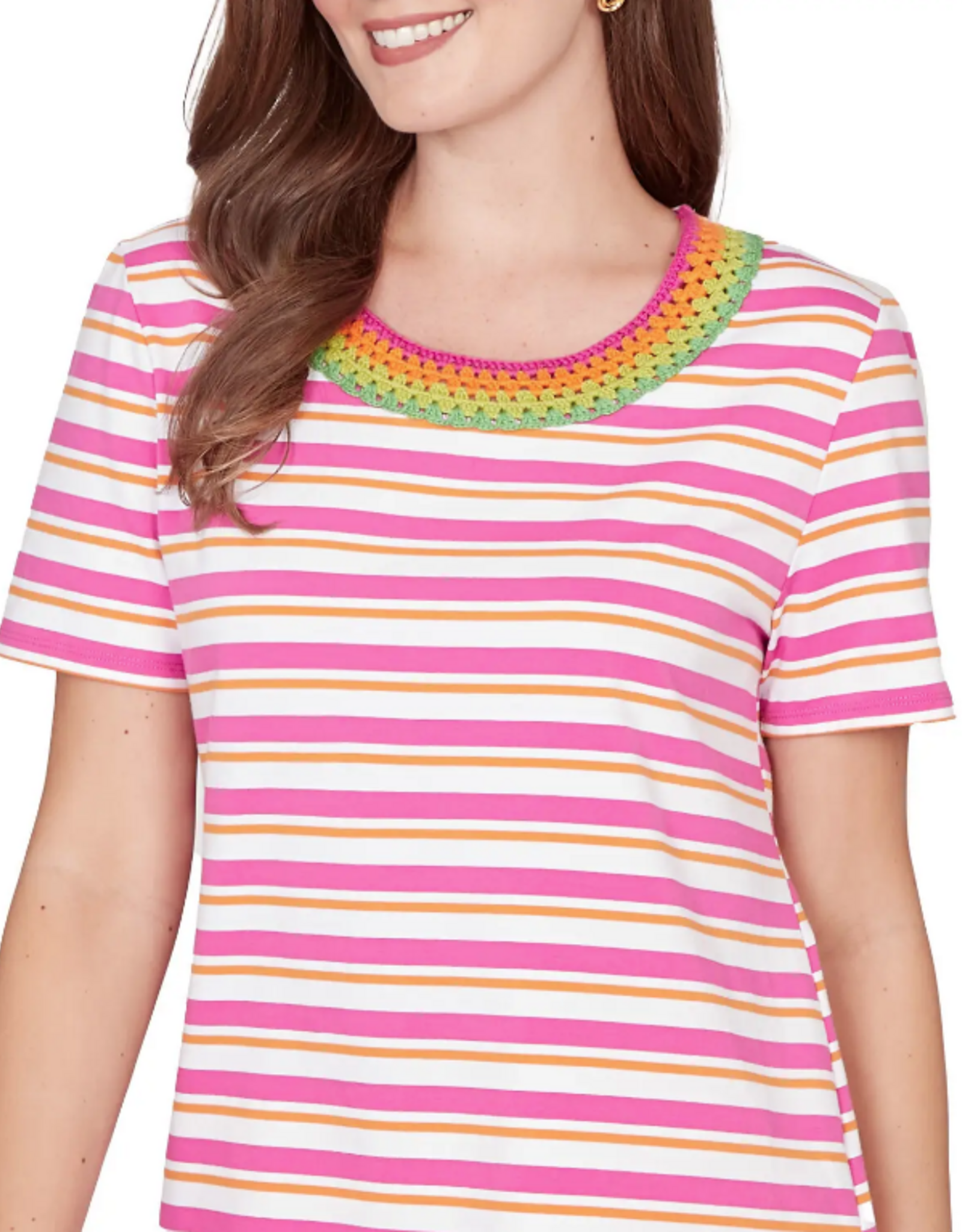 Ruby Road Ruby Road  Fushia Stripe Crochet Neck Short Sleeve Knit Top