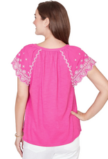 Ruby Road Ruby Road 75550 Fushia V-Neck Embroidered Short Scallop Sleeve Top