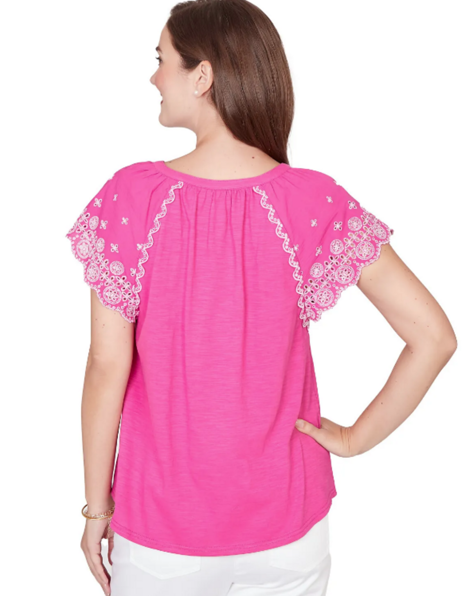 Ruby Road Ruby Road 75550 Fushia V-Neck Embroidered Short Scallop Sleeve Top