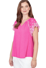 Ruby Road Ruby Road 75550 Fushia V-Neck Embroidered Short Scallop Sleeve Top