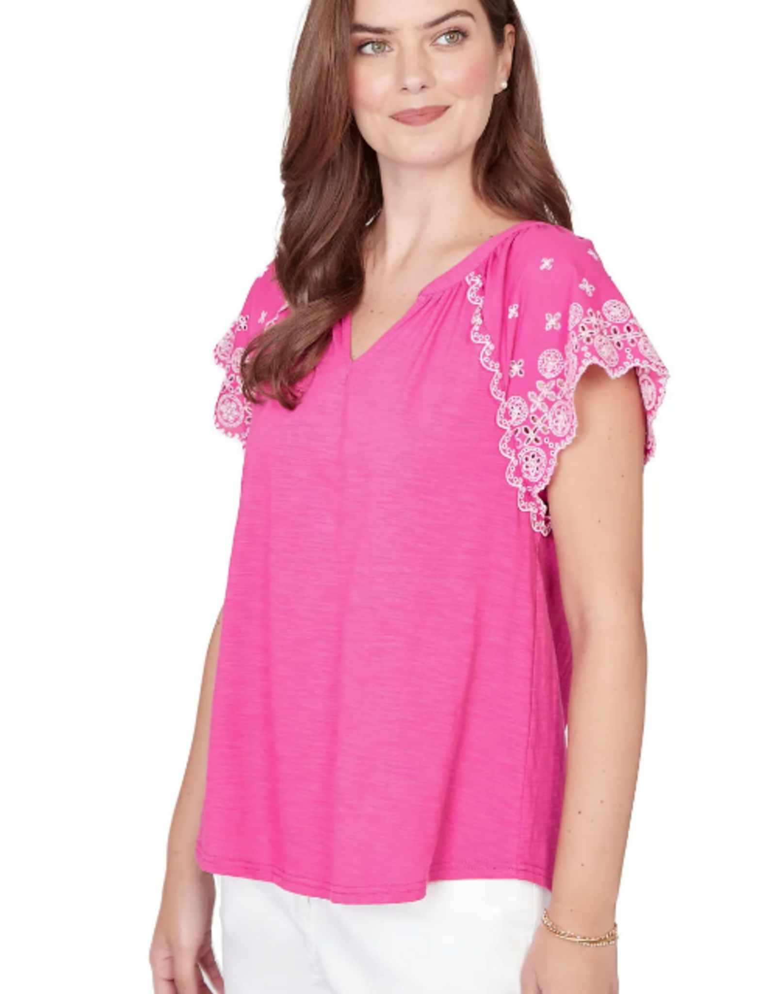 Ruby Road Ruby Road 75550 Fushia V-Neck Embroidered Short Scallop Sleeve Top