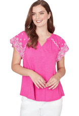 Ruby Road Ruby Road 75550 Fushia V-Neck Embroidered Short Scallop Sleeve Top