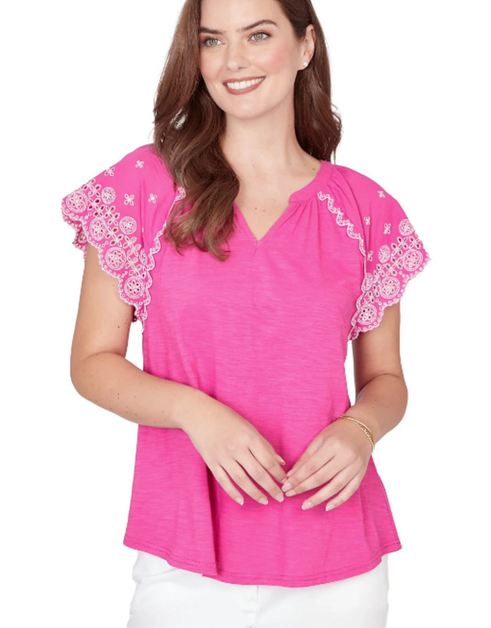 Ruby Road Ruby Road 75550 Fushia V-Neck Embroidered Short Scallop Sleeve Top