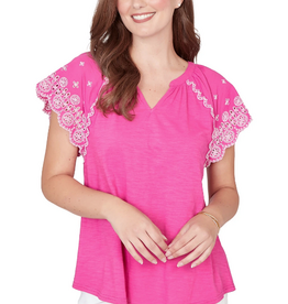 Ruby Road Ruby Road Fushia V-Neck Embroidered Short Scallop Sleeve Top