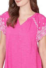 Ruby Road Ruby Road 75550 Fushia V-Neck Embroidered Short Scallop Sleeve Top