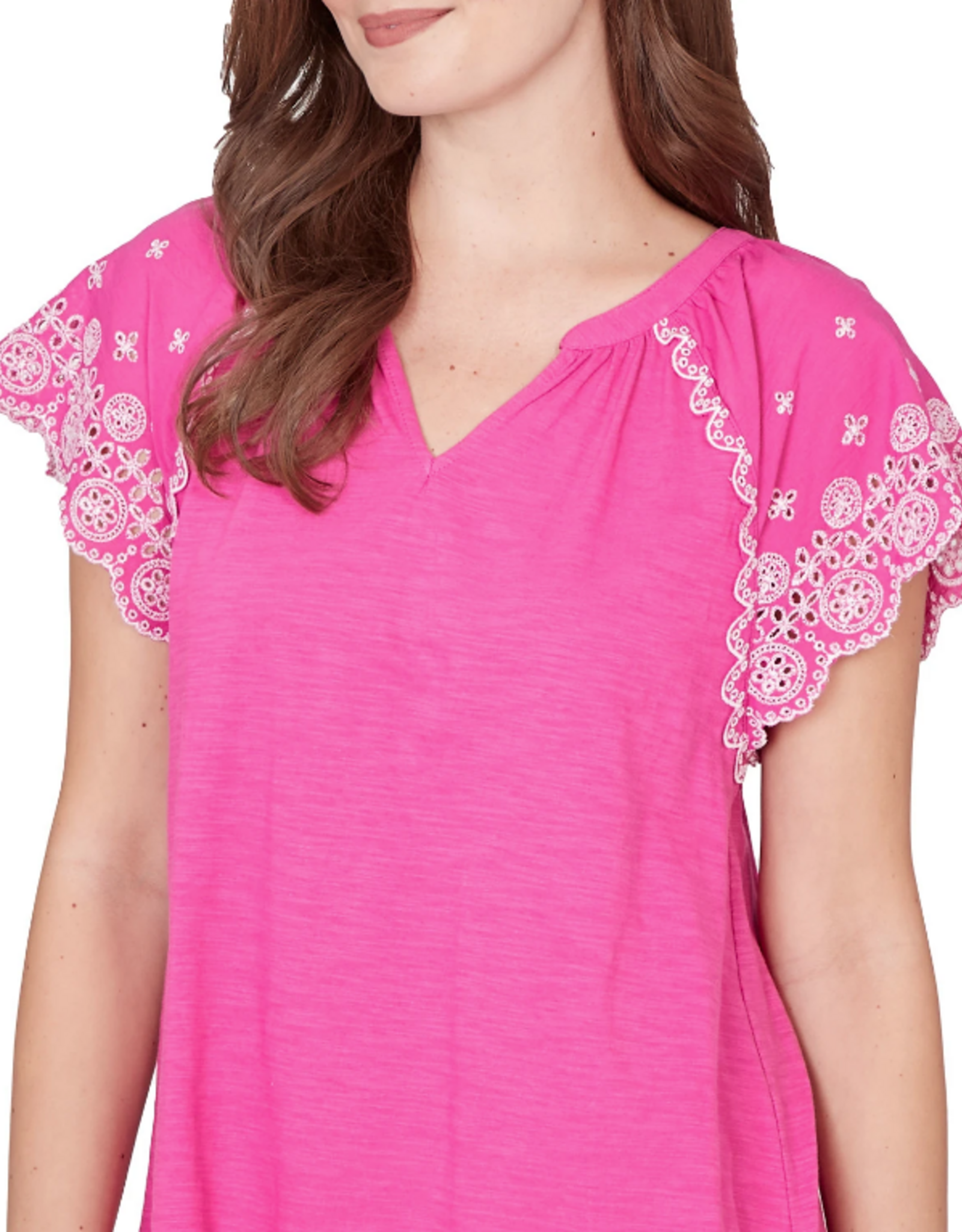 Ruby Road Ruby Road 75550 Fushia V-Neck Embroidered Short Scallop Sleeve Top