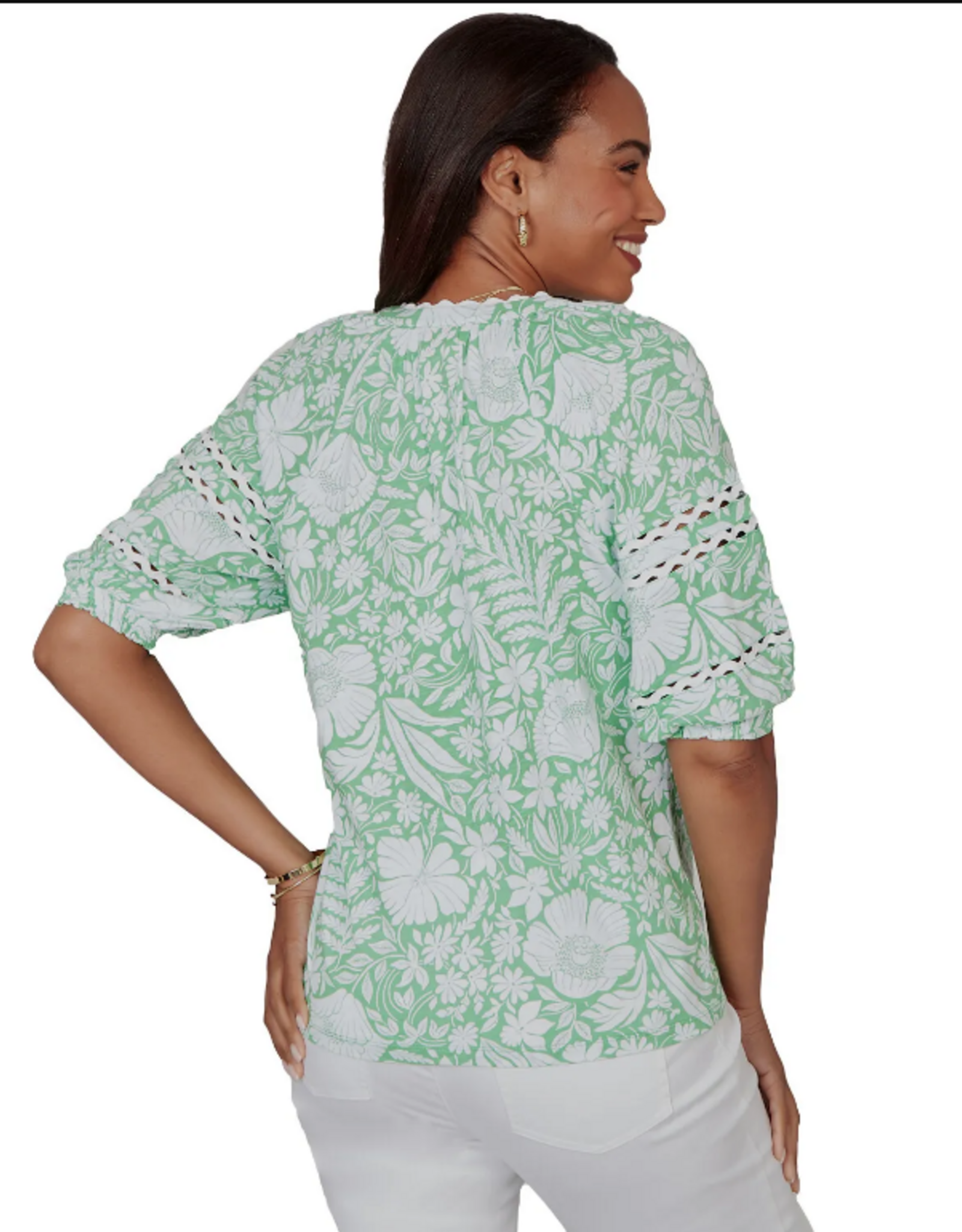 Ruby Road Ruby Road 75552 Spring Green Tropical Floral V-Neck S/S Knit Top