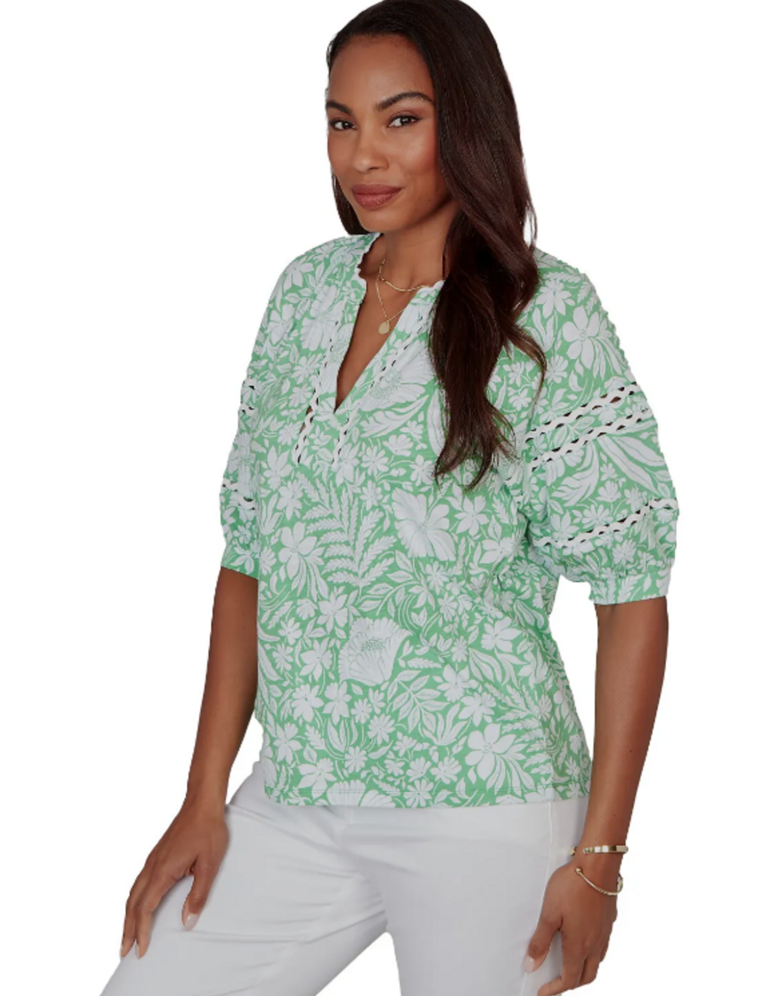 Ruby Road Ruby Road 75552 Spring Green Tropical Floral V-Neck S/S Knit Top