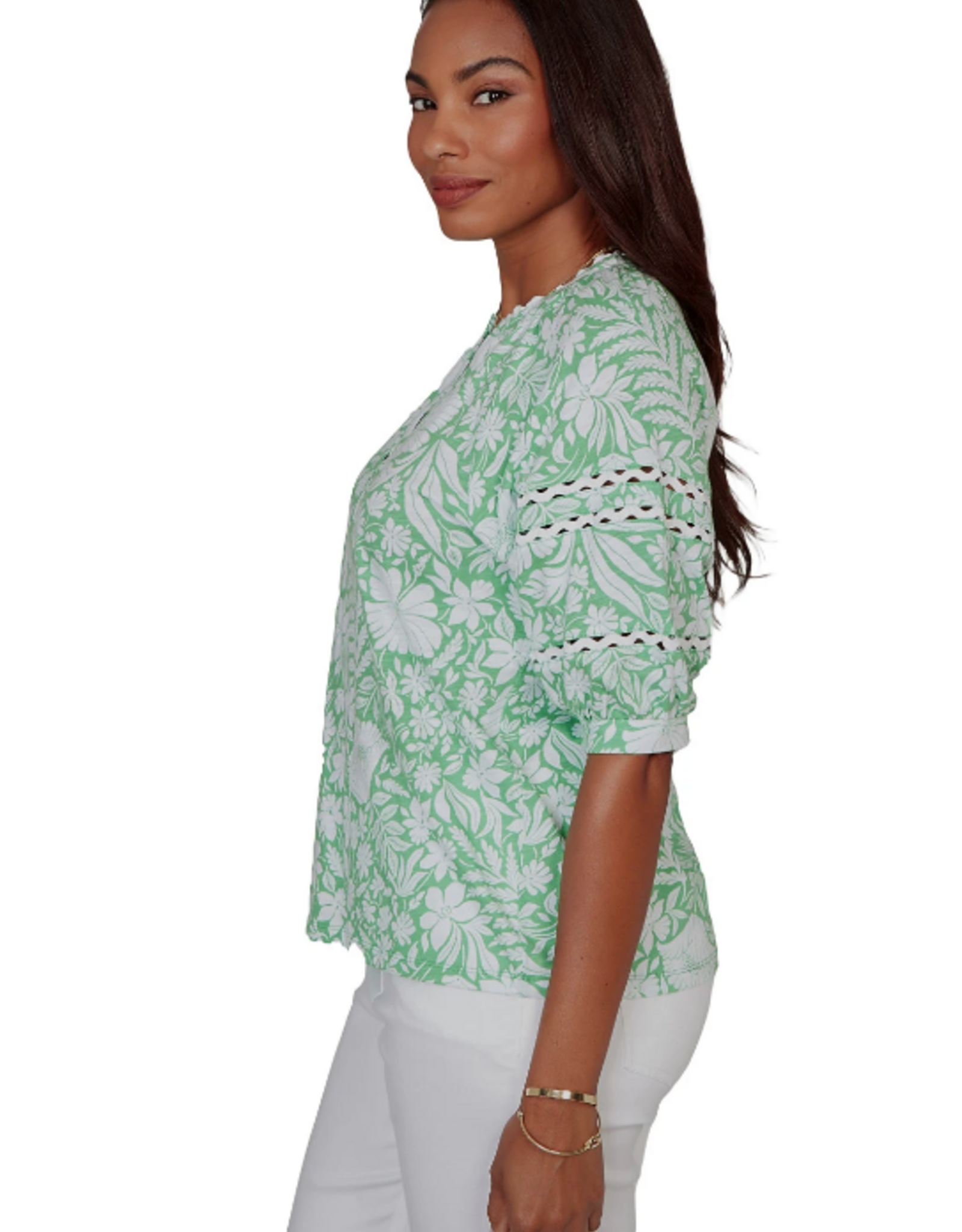Ruby Road Ruby Road 75552 Spring Green Tropical Floral V-Neck S/S Knit Top