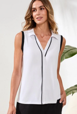 Tribal Tribal White Navy Trim V-Neck Johnny Collar Sleeveless Top