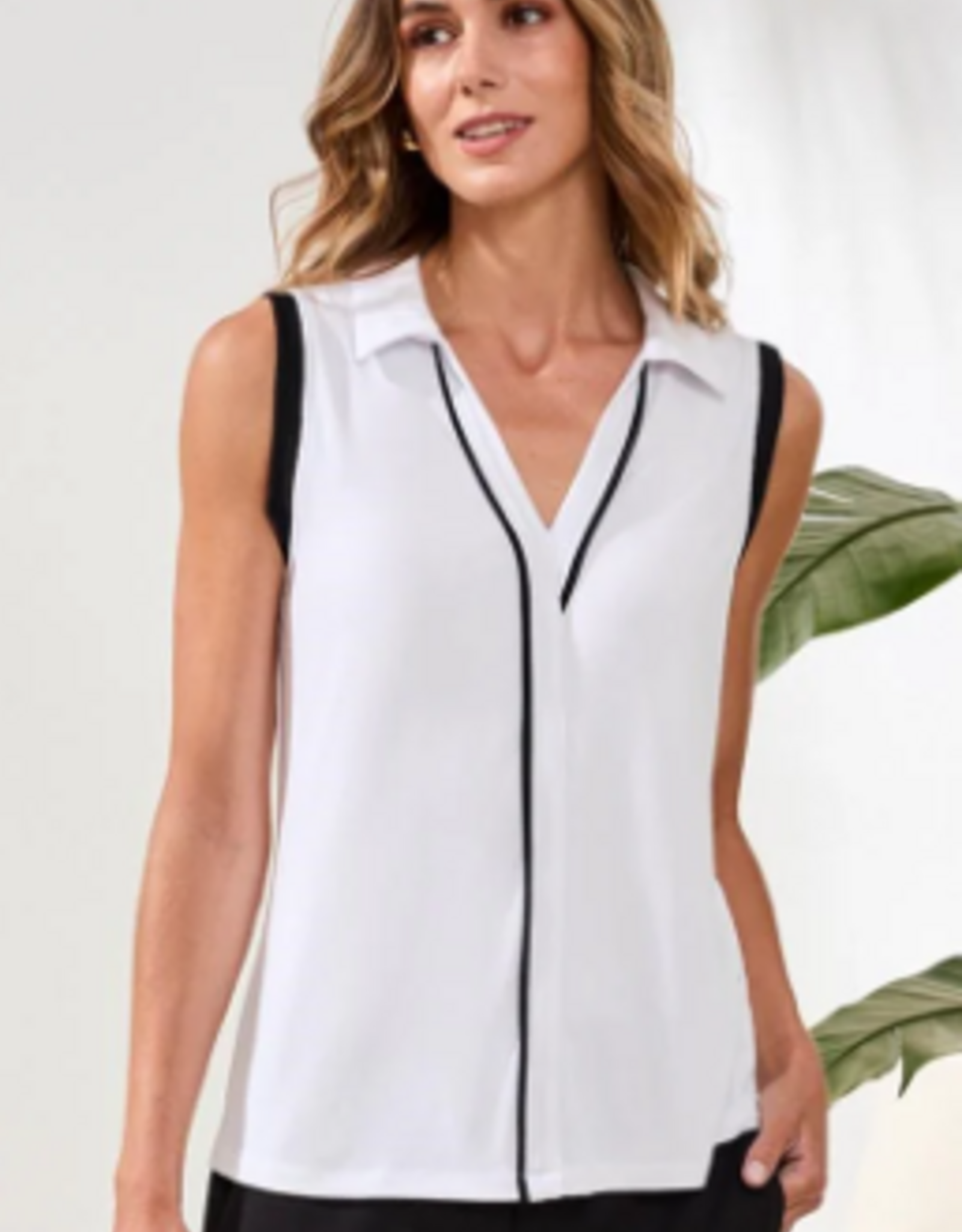Tribal Tribal White Navy Trim V-Neck Johnny Collar Sleeveless Top