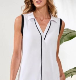Tribal Tribal White Navy Trim V-Neck Johnny Collar Sleeveless Top