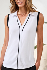 Tribal Tribal White Navy Trim V-Neck Johnny Collar Sleeveless Top